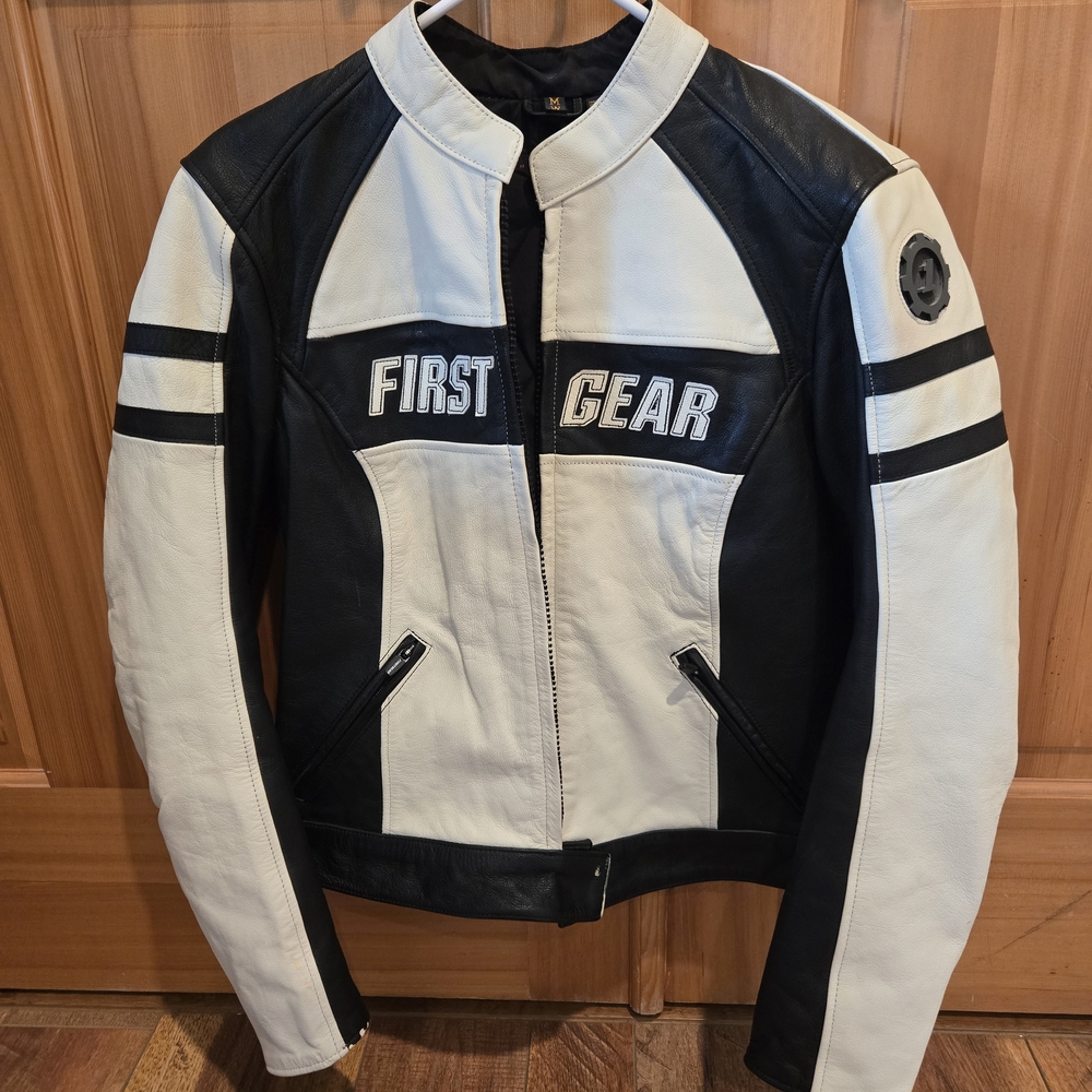First Gear Women's Black and White Leather Jacket